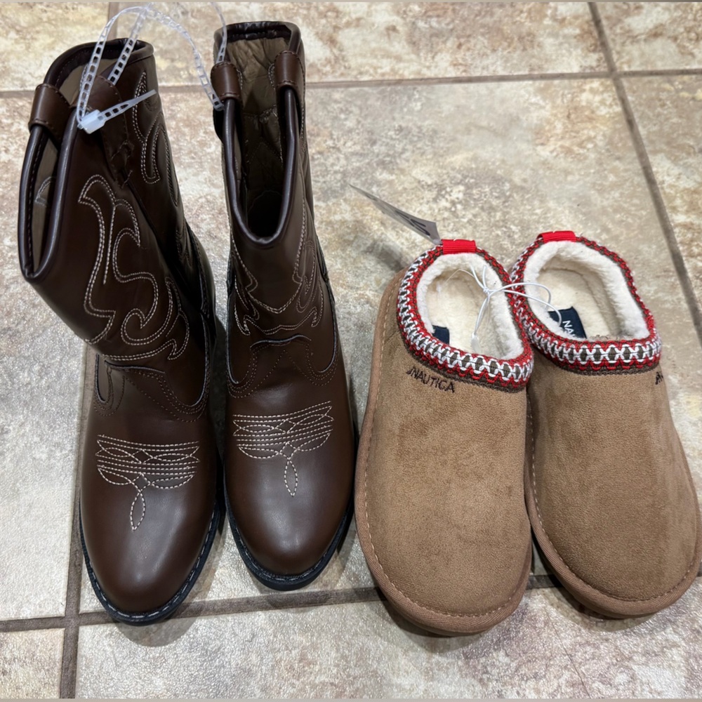 Size 1 - Brown Western Boots and Tan Slippers